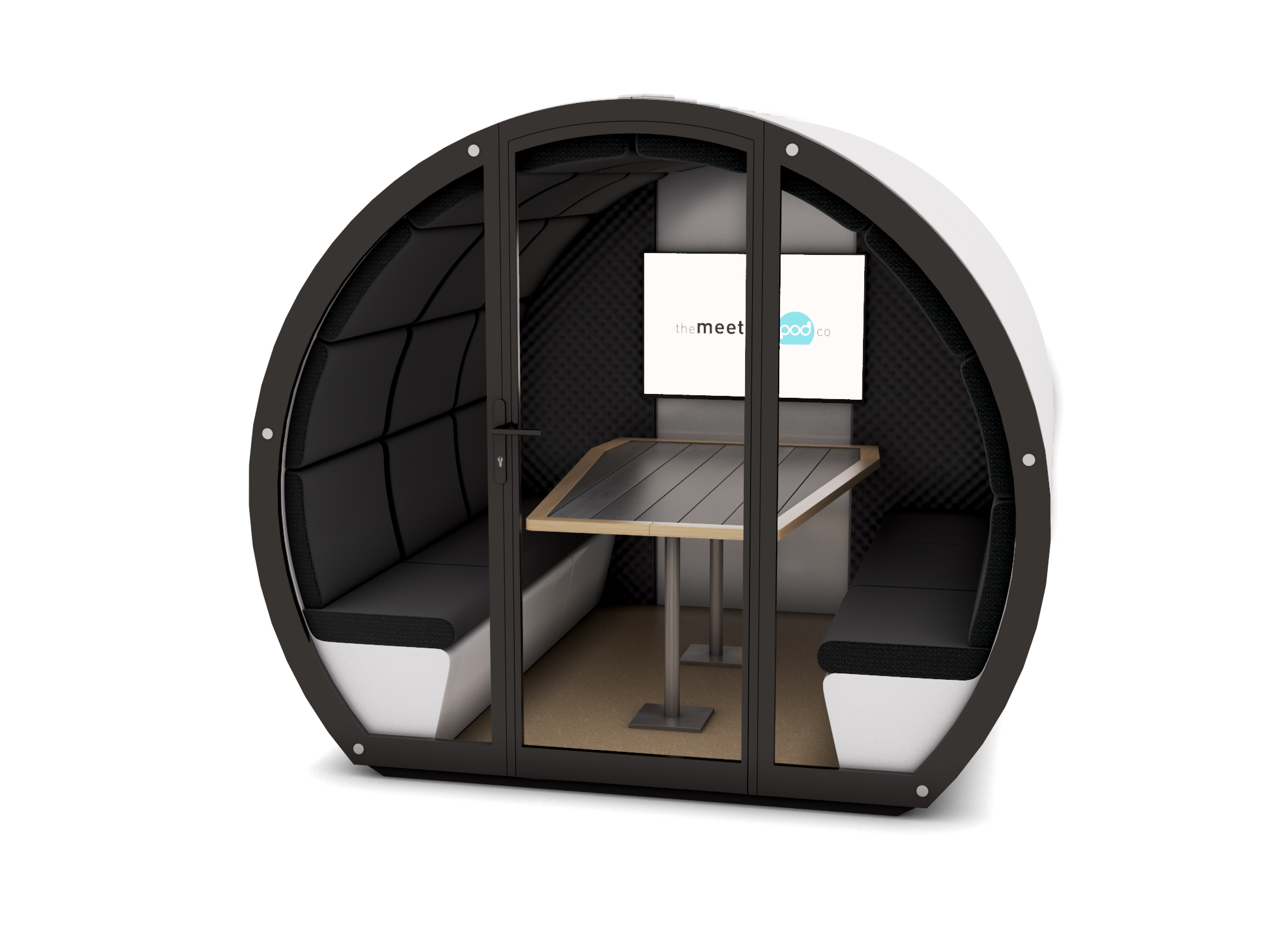 6 Person Outdoor Pod, fully enclosed acoustic back panel, computer, table, and screen.