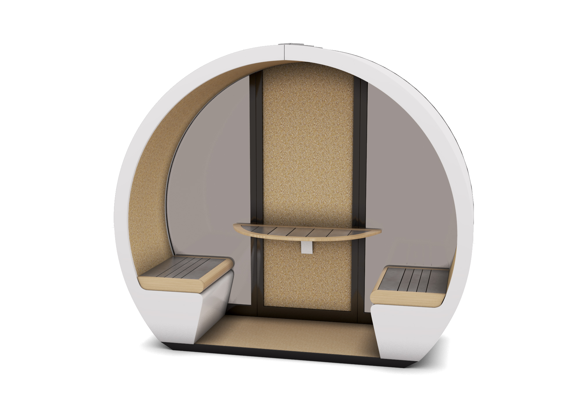 2 Person Outdoor Pod with open front, part glazed rear, and table.