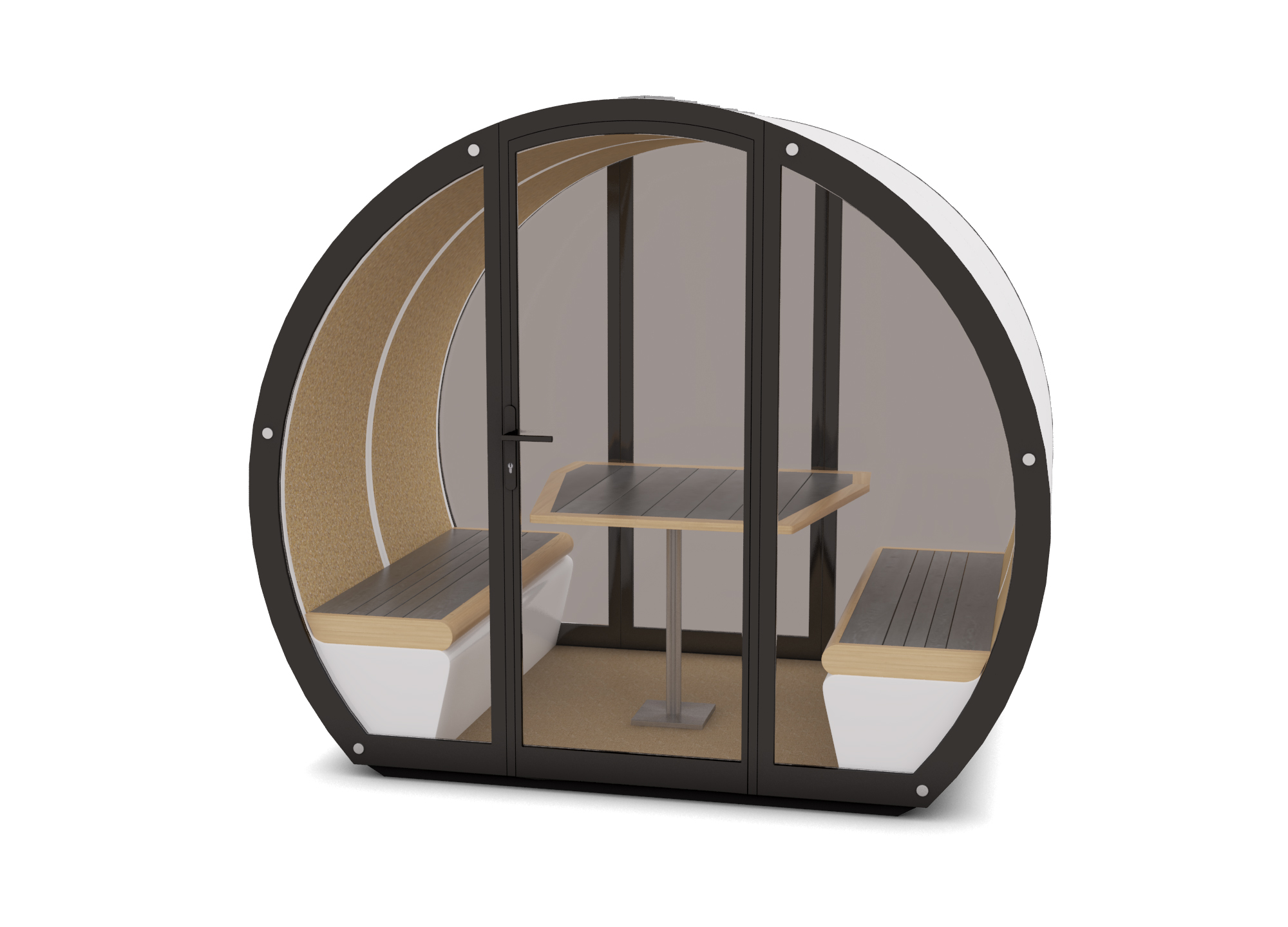 4 Person Outdoor Pod with fully glazed rear, fully glazed front, and table.