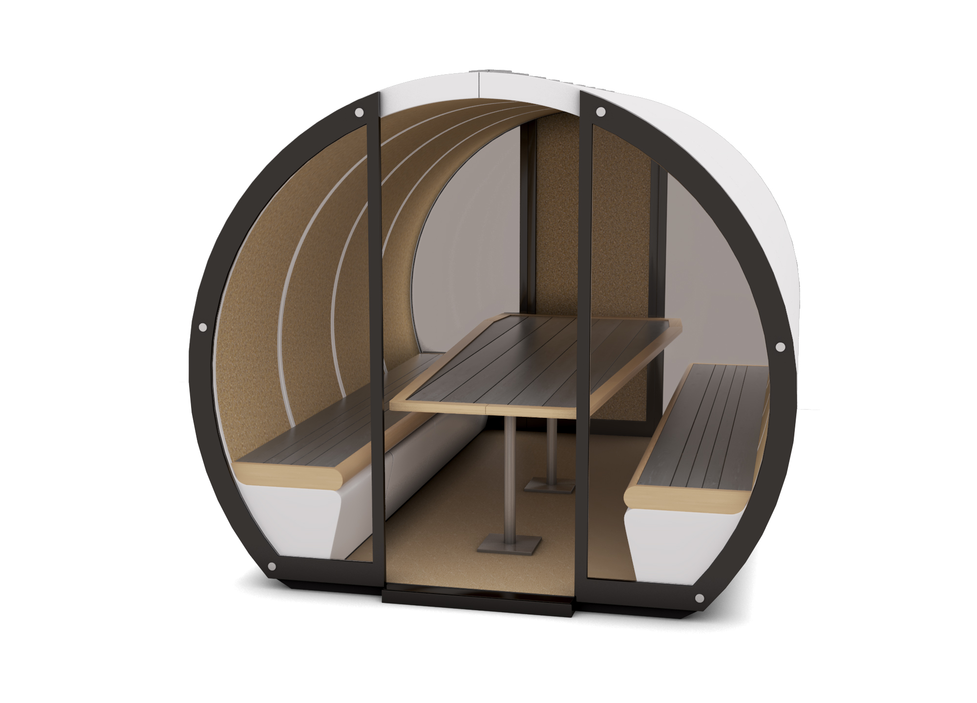 8 Person Outdoor Pod with part glazed rear, part glazed front, and table